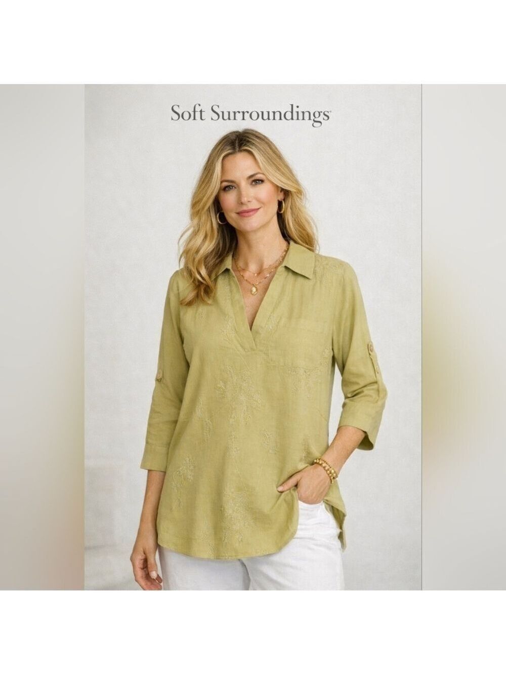 Soft Surroundings Green Embroidered Linen Blend Tunic Top Size Small